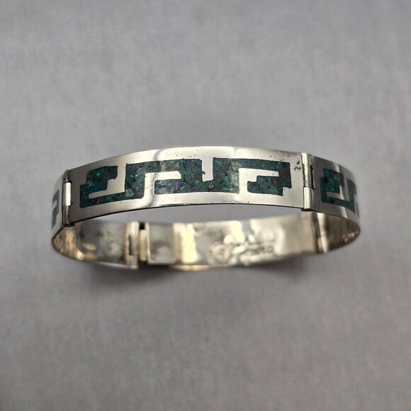 VTH Taxco Castaneda Sterling Silver Turquoise Bracelet 7" Aztec Geometric Inlay - Picture 10 of 10